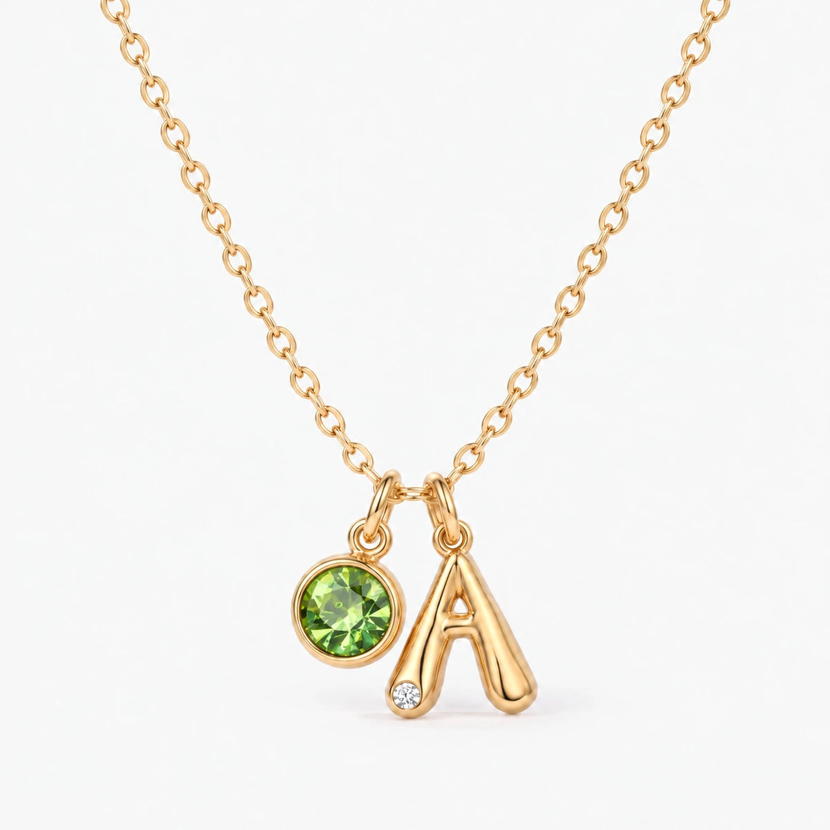Colar Inicial A dourado — Agosto — Peridoto