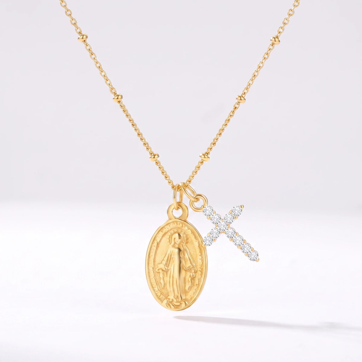 Colar Medalha Milagrosa e Cruz — dourado