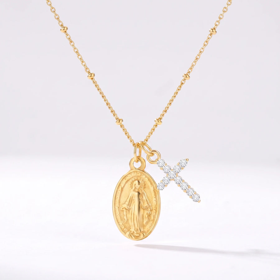 Colar Medalha Milagrosa e Cruz — dourado