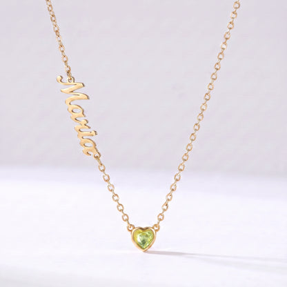 Colar Nome e Coração de Nascimento Dourado — Agosto — Peridoto