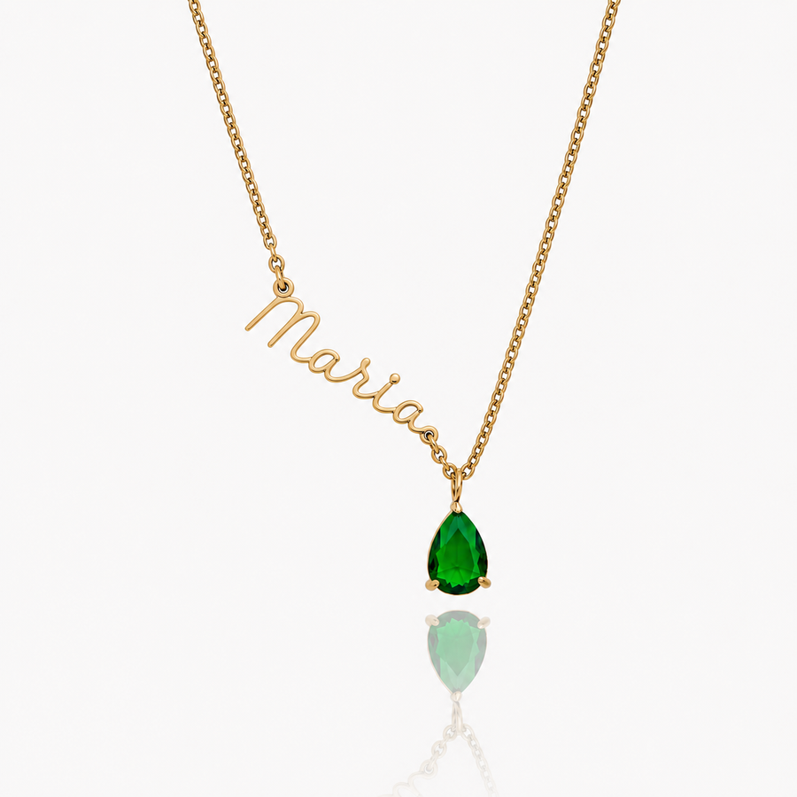 Colar nome personalizado dourado Maria com pedra esmeralda