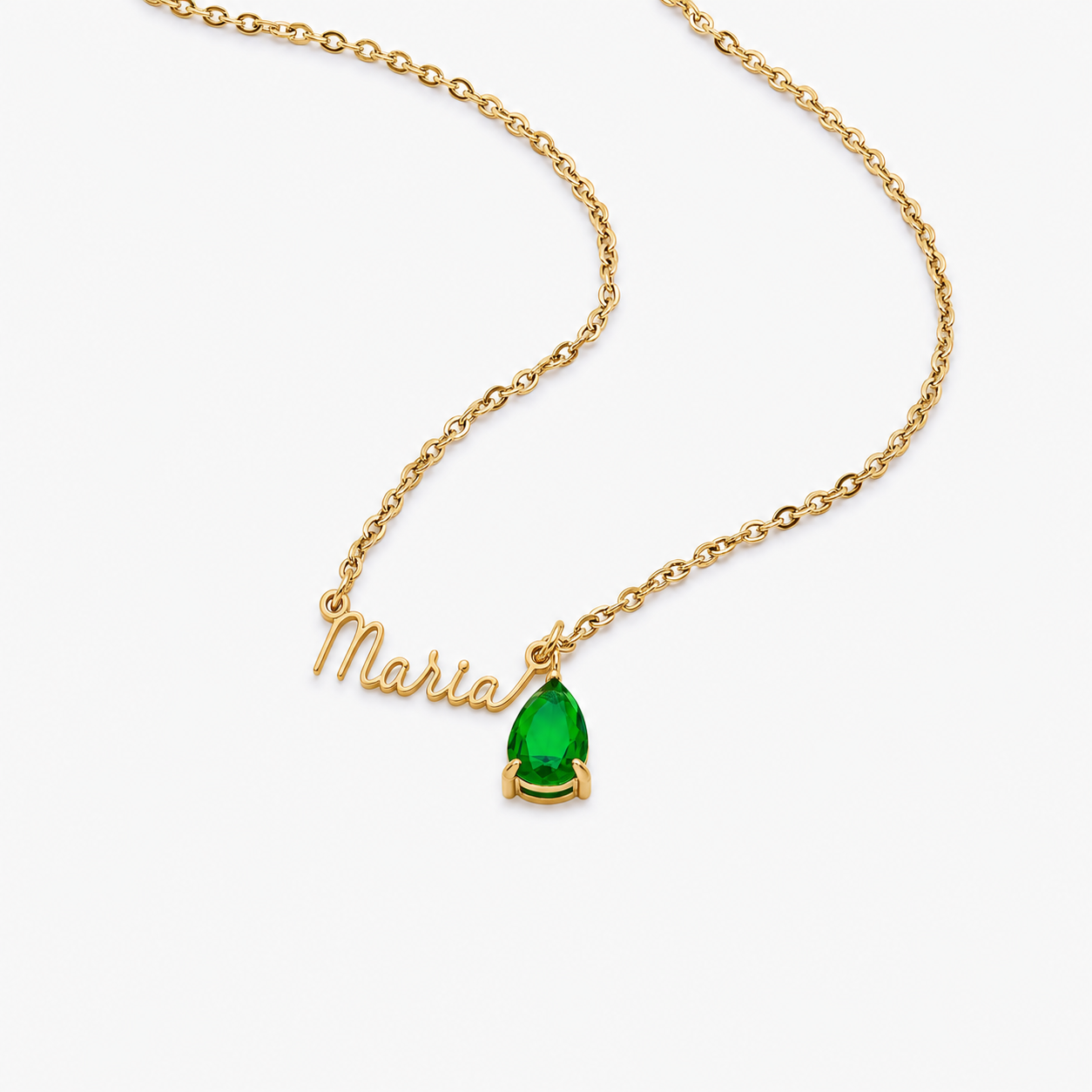 Colar nome Maria com pedra esmeralda deitado