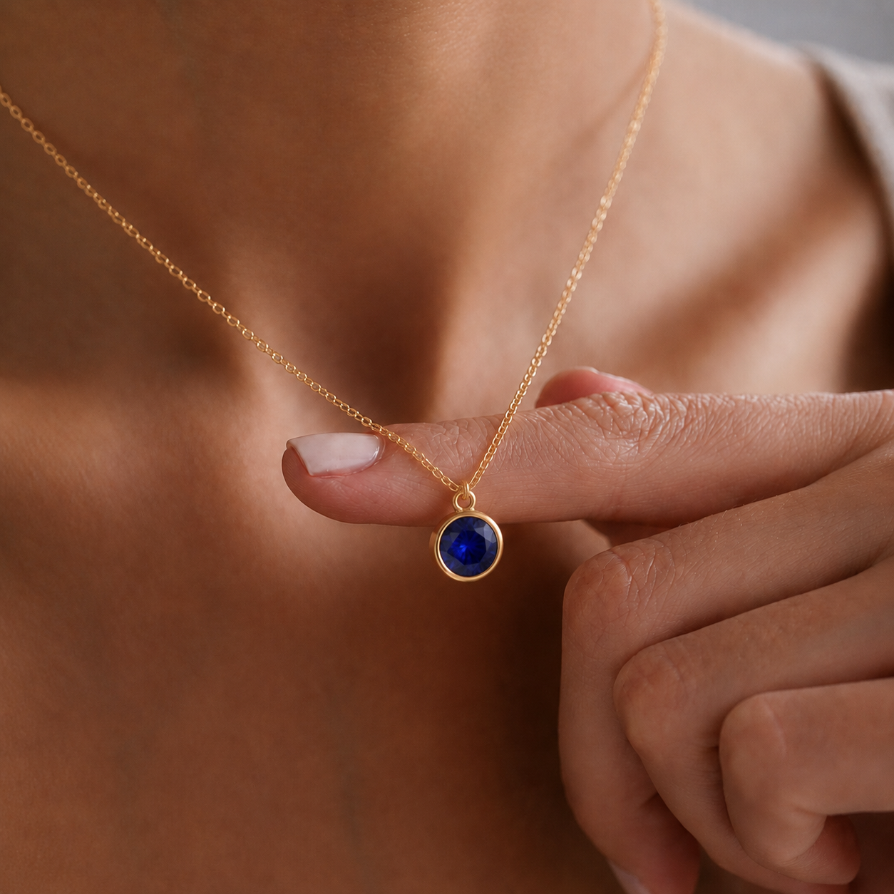 Close-up de colar dourado com pedra de nascimento azul (Safira), segurado pelo dedo para destacar o pendente circular.