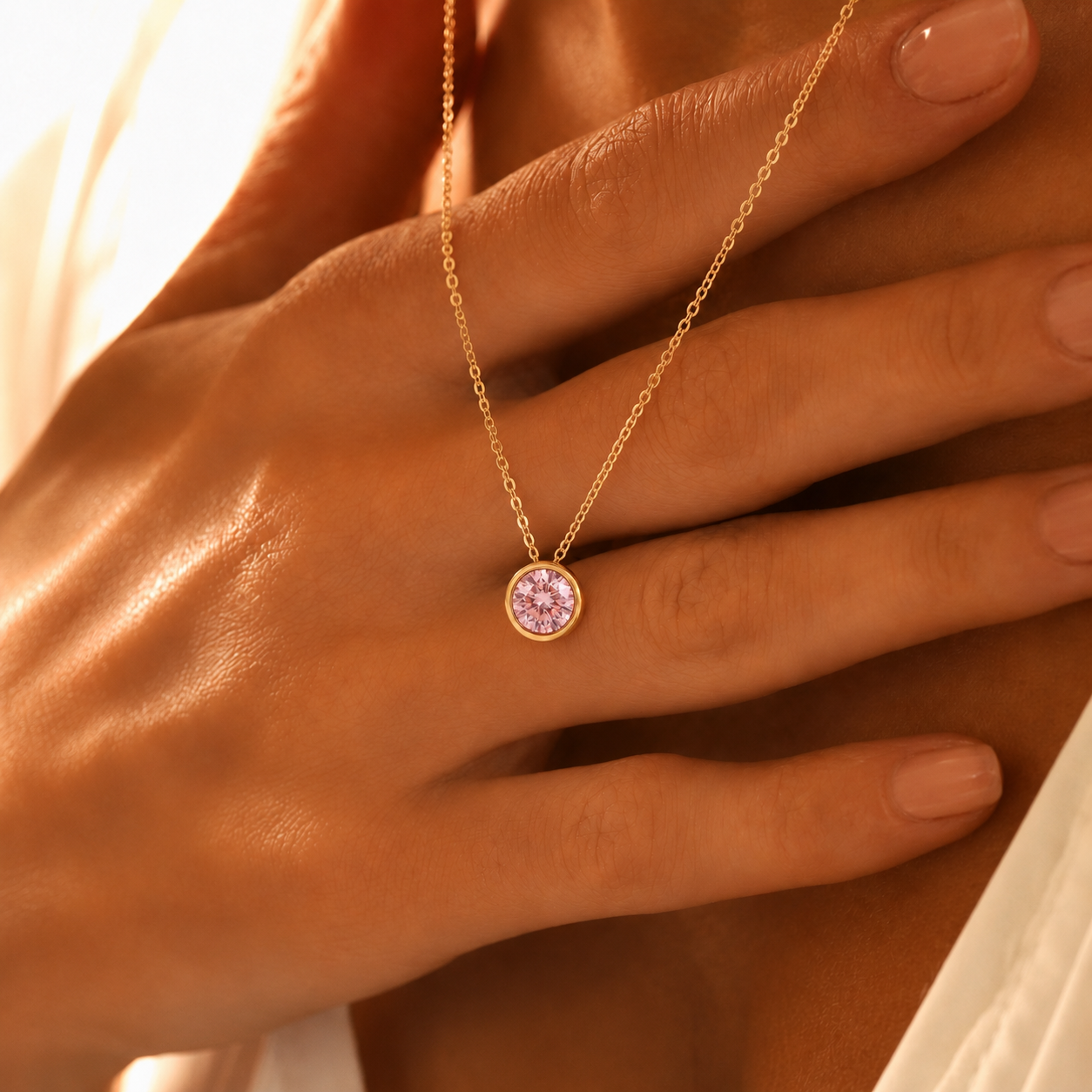 Mulher a usar colar dourado com pedra de nascimento rosa (Turmalina Rosa) no colo, com a mão junto à clavícula.