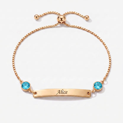 Pulseira Personalizada com Nome, Chapa e Pedra de Nascimento dourada — Dezembro, Zircão — chapa gravável e duas pedras