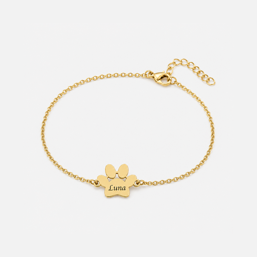 Pulseira com Patas e Nomes dourada — 1 Pata com o nome Luna — vista de catálogo com fundo expandido