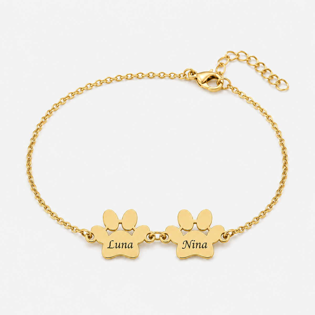 Pulseira Personalizada com Patas e Nomes dourada — 2 Patas — nomes Luna e Nina