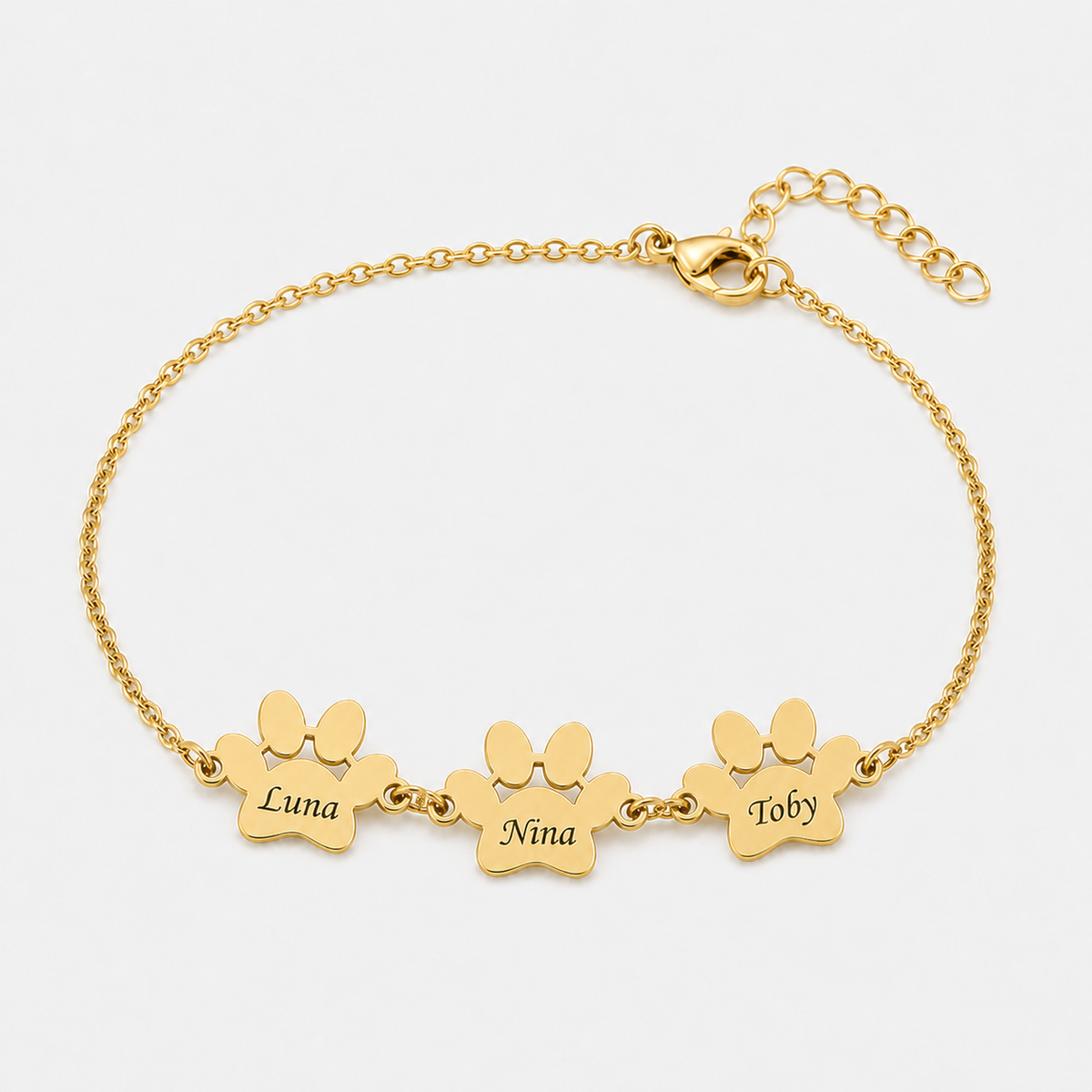 Pulseira Personalizada com Patas e Nomes dourada — 3 Patas — nomes Luna, Nina e Toby