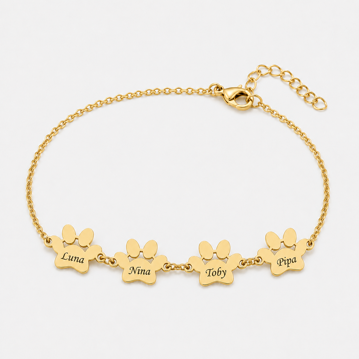Pulseira Personalizada com Patas e Nomes dourada — 4 Patas — nomes Luna, Nina, Toby e Pipa