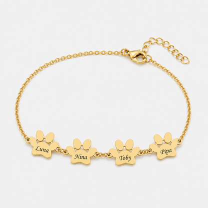Pulseira Personalizada com Patas e Nomes dourada — 4 Patas — nomes Luna, Nina, Toby e Pipa