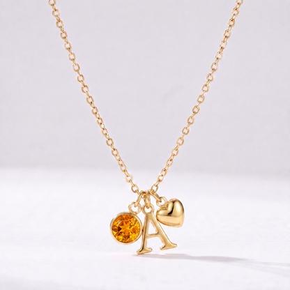 Colar letra A dourado com pedra de nascimento Novembro — Citrino e coração