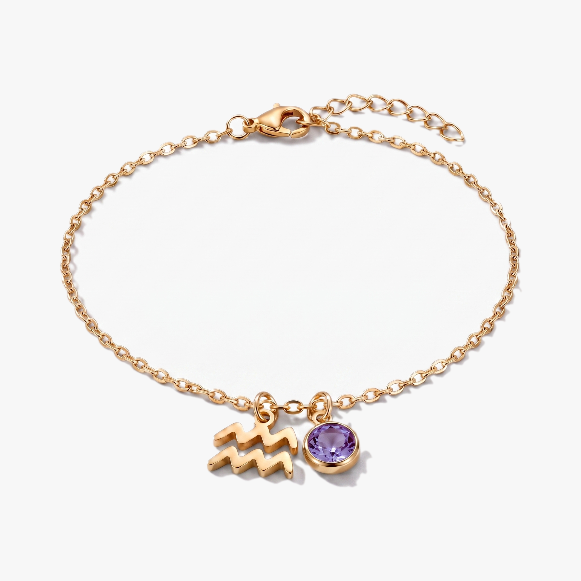 Pulseira signo do zodíaco Aquário dourada com pedra de nascimento Alexandrite