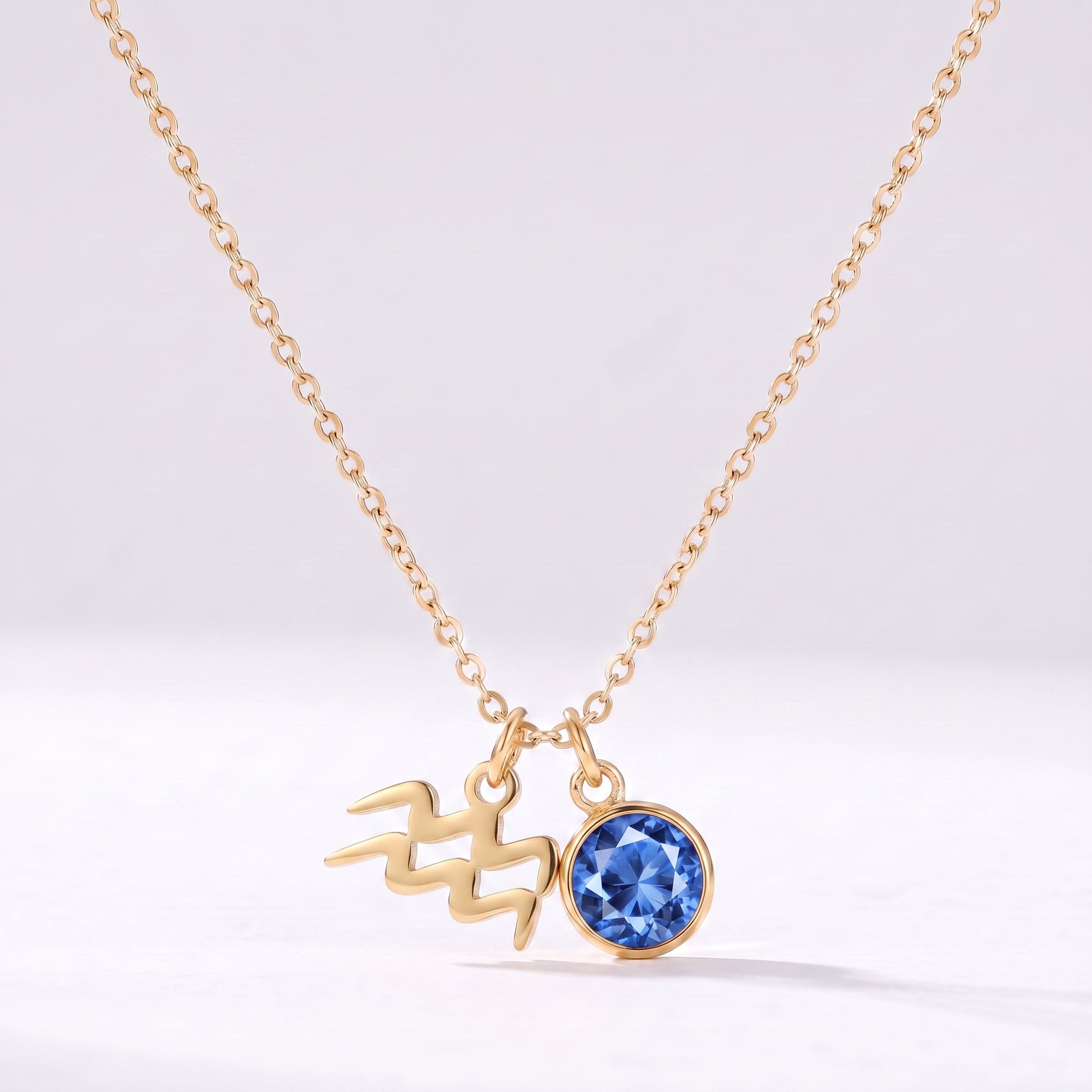 Colar signo do zodíaco Aquário dourado com pedra de nascimento Azul Fornecedor