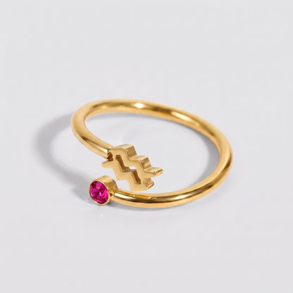 Anel signo do zodíaco Aquário dourado com pedra Rubi