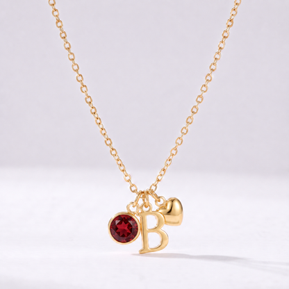 Colar letra B dourado com pedra de nascimento e coração