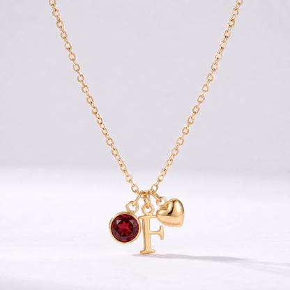 Colar letra F dourado com pedra de nascimento e coração