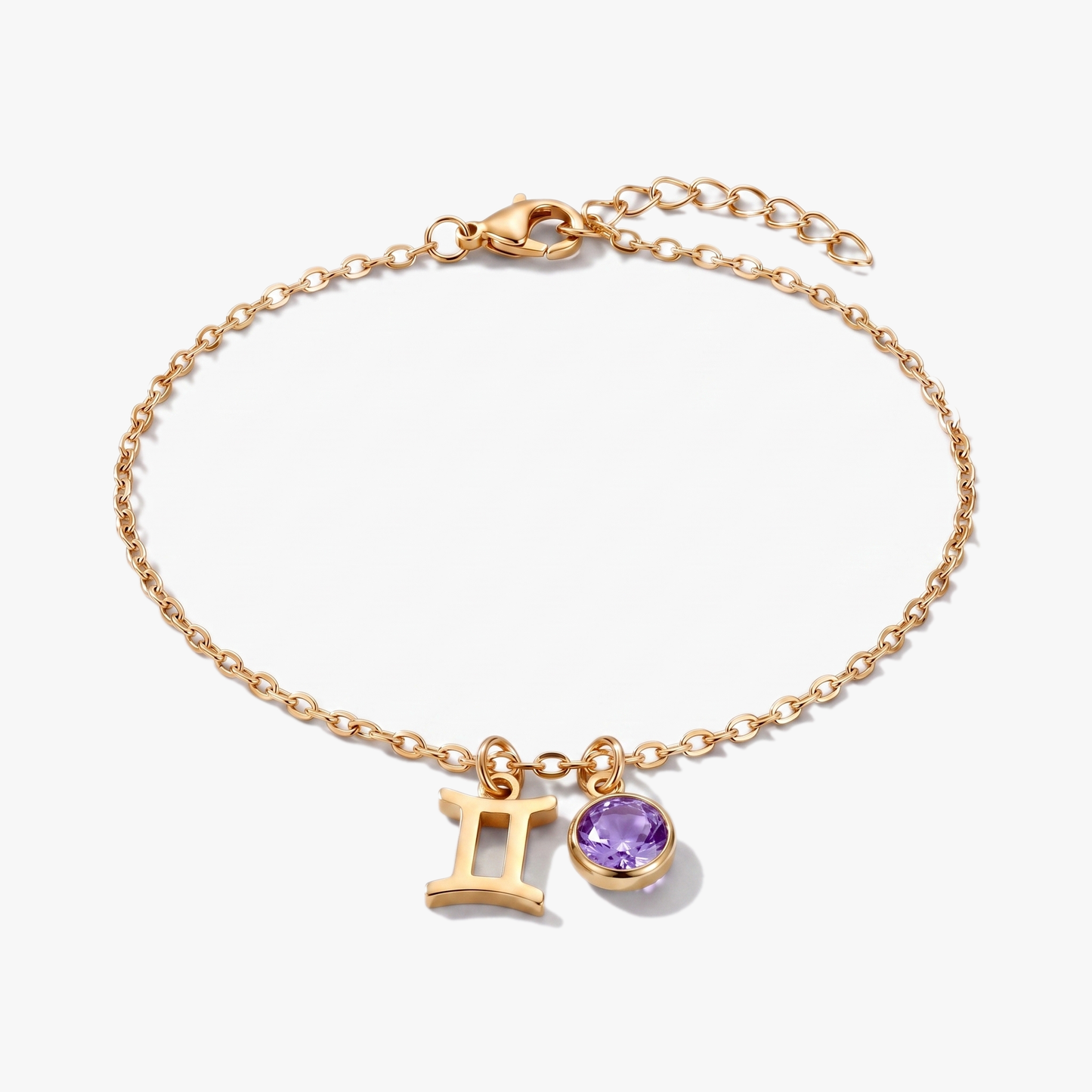 Pulseira signo do zodíaco Gémeos dourada com pedra de nascimento Alexandrite