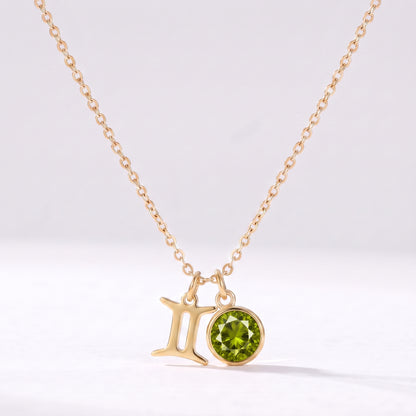 Colar signo do zodíaco Gémeos dourado com pedra de nascimento Peridoto