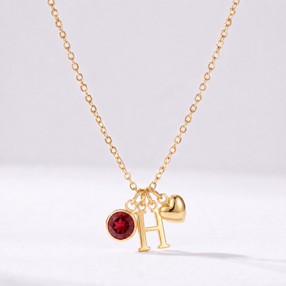 Colar letra H dourado com pedra de nascimento e coração