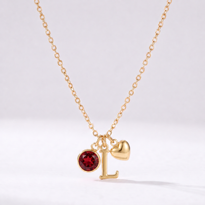 Colar letra L dourado com pedra de nascimento e coração