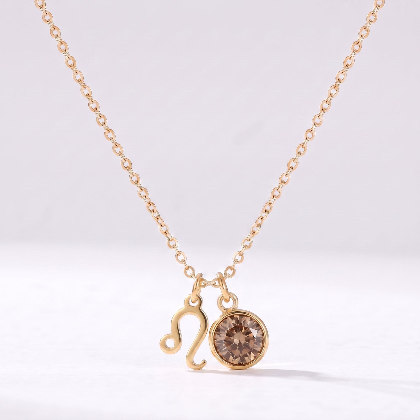 Colar signo do zodíaco Leão dourado com pedra de nascimento Champanhe Fumado
