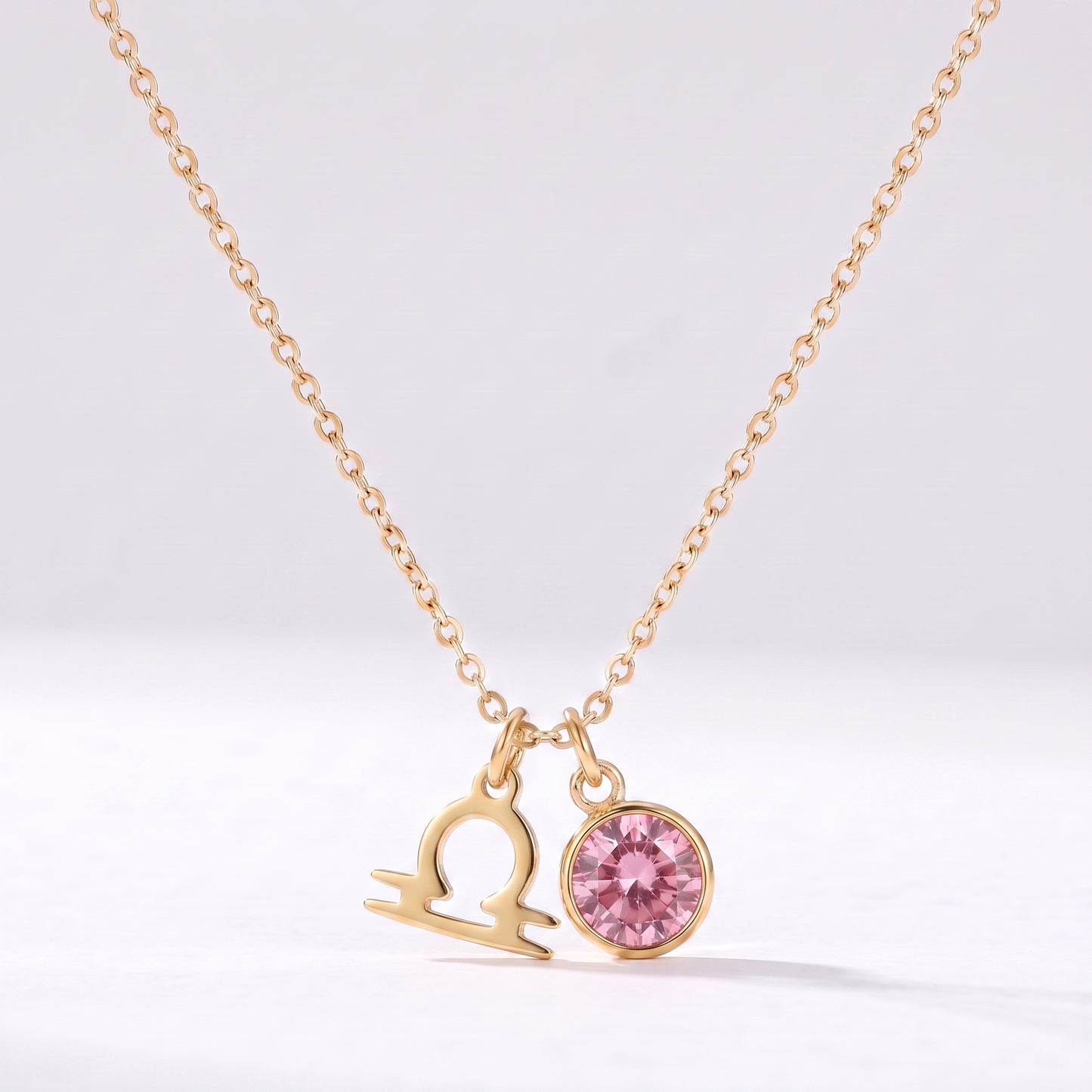 Colar signo do zodíaco Balança dourado com pedra de nascimento Turmalina Rosa