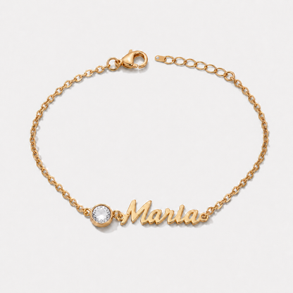 Pulseira Nome e Pedra de Nascimento dourada — Abril — Diamante, nome Maria