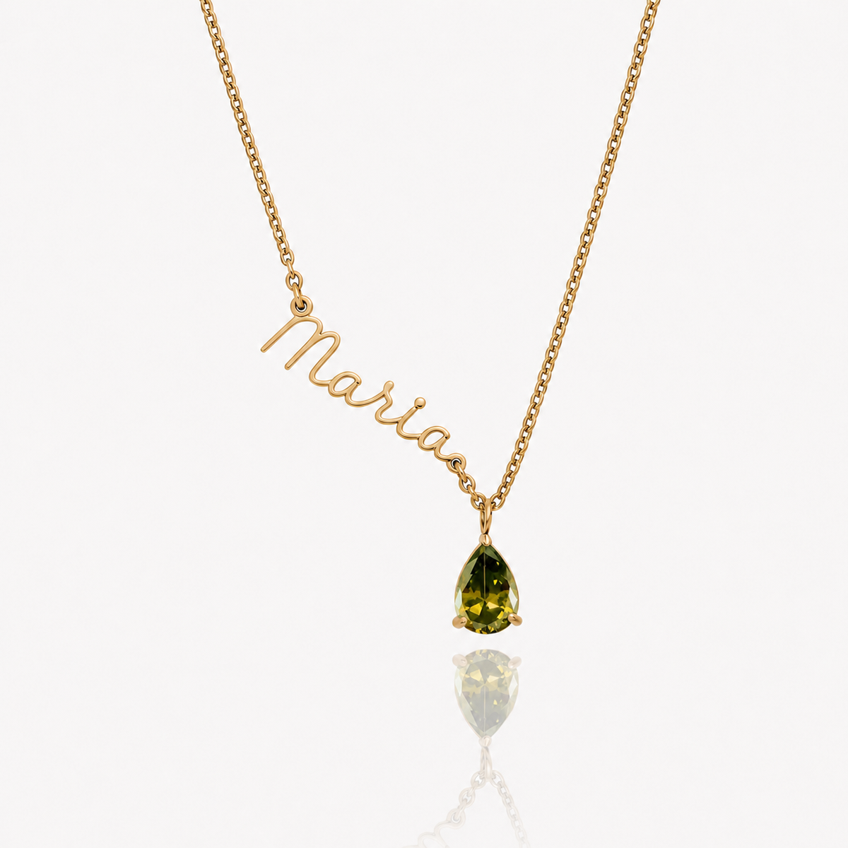 Colar Nome e Pedra de Nascimento dourado — Agosto — Peridoto