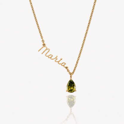 Colar Nome e Pedra de Nascimento dourado — Agosto — Peridoto