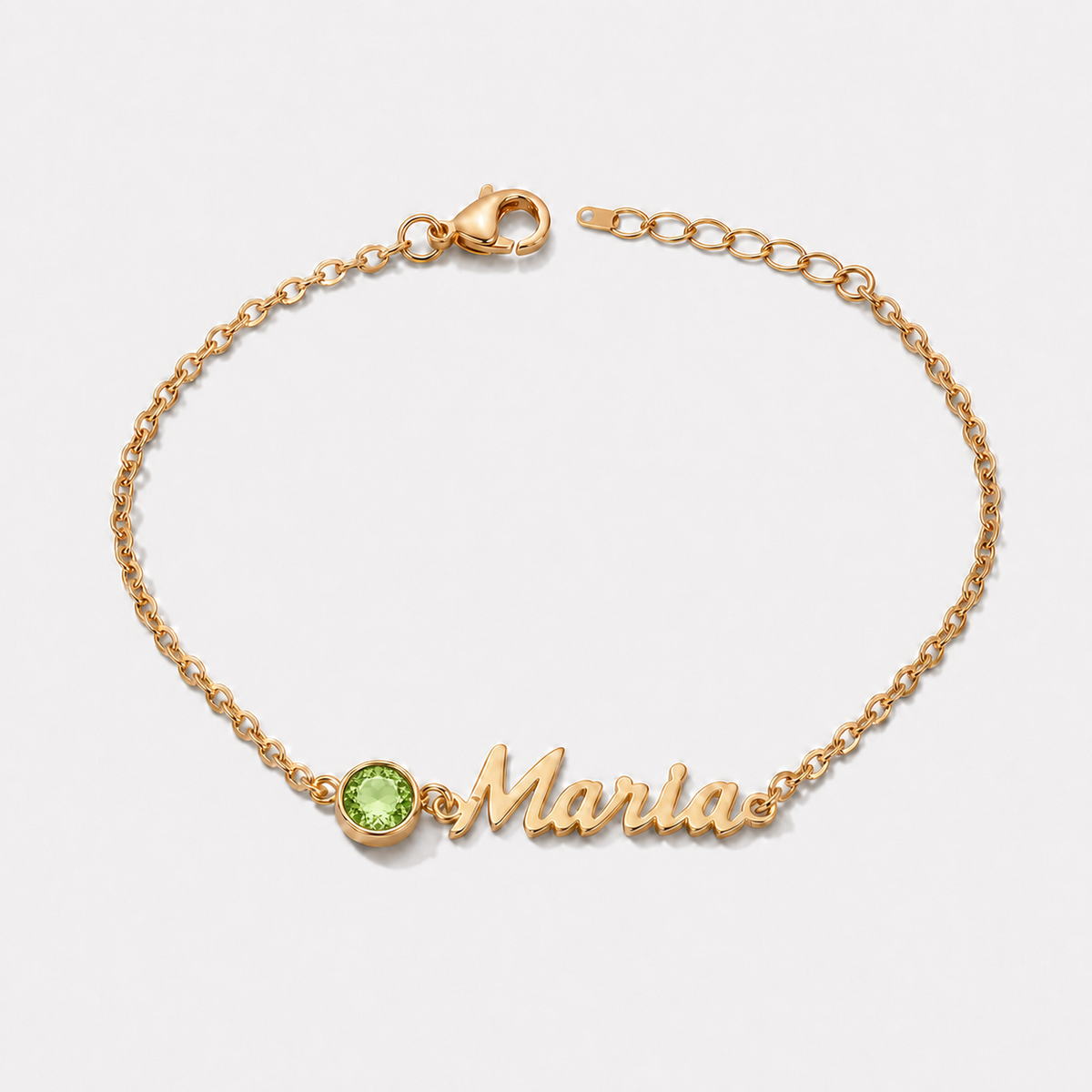 Pulseira Nome e Pedra de Nascimento dourada — Agosto — Peridoto, nome Maria
