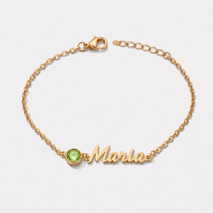 Pulseira Nome e Pedra de Nascimento dourada — Agosto — Peridoto, nome Maria