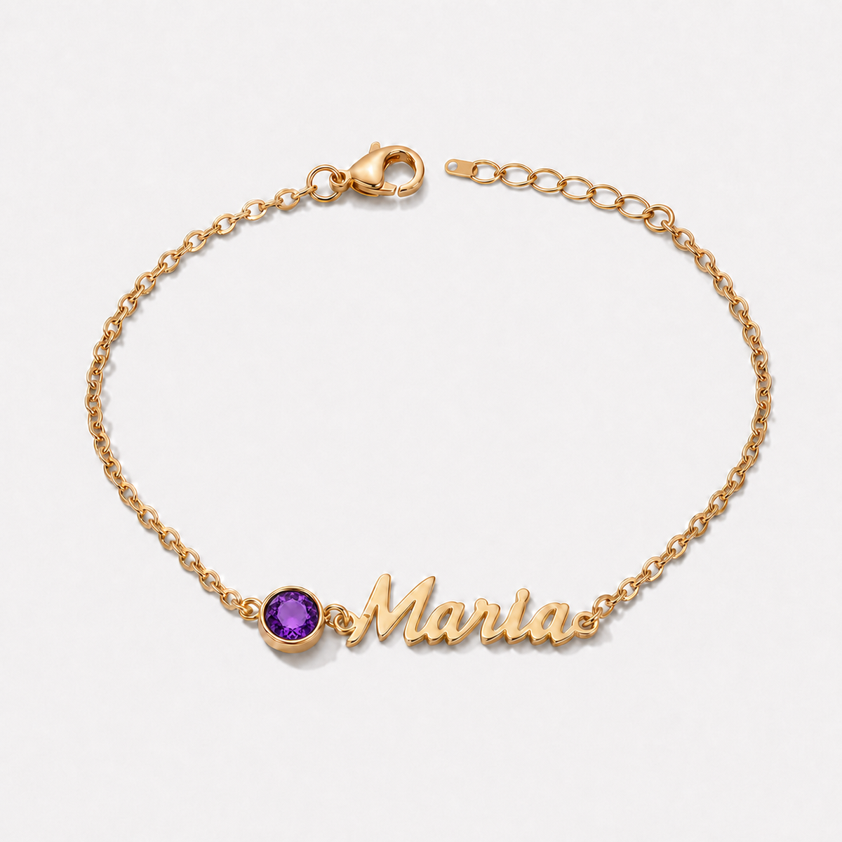 Pulseira Nome e Pedra de Nascimento dourada — Fevereiro — Ametista, nome Maria