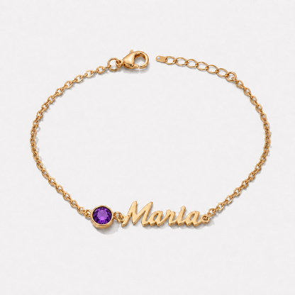 Pulseira Nome e Pedra de Nascimento dourada — Fevereiro — Ametista, nome Maria