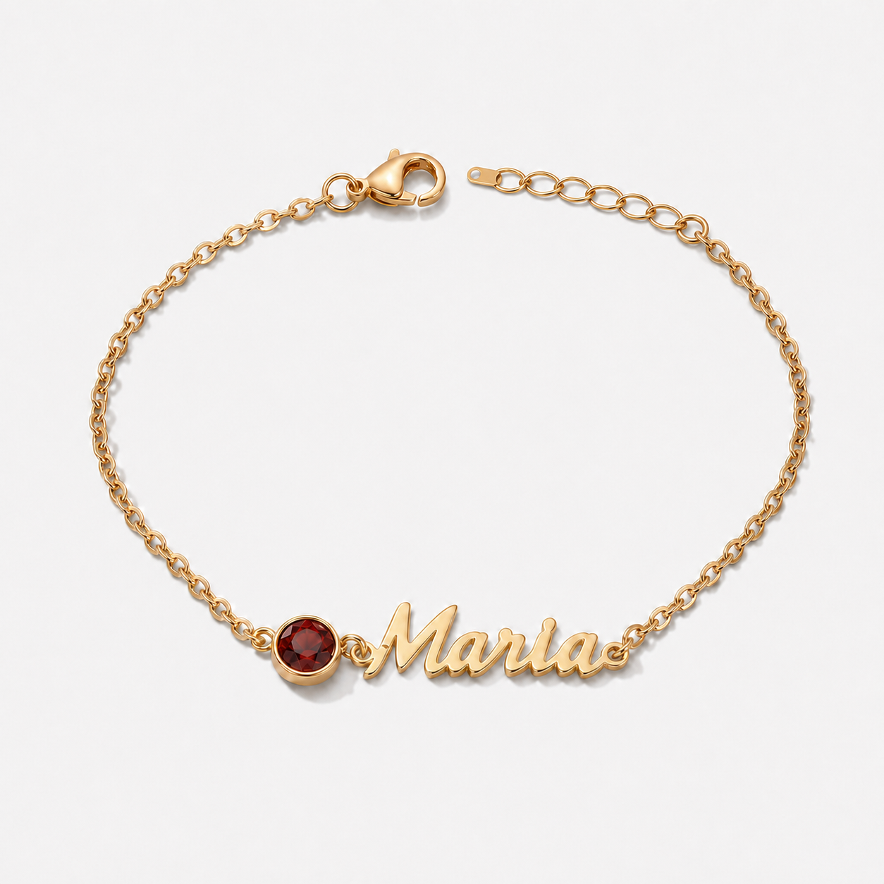 Pulseira Nome e Pedra de Nascimento dourada — Granada (Janeiro), nome Maria