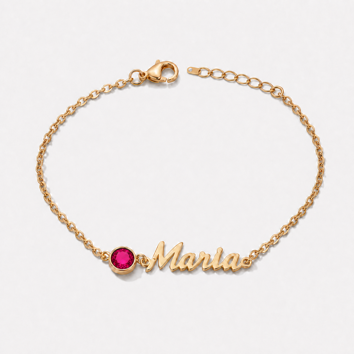 Pulseira Nome e Pedra de Nascimento dourada — Julho — Rubi, nome Maria