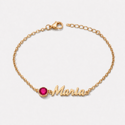 Pulseira Nome e Pedra de Nascimento dourada — Julho — Rubi, nome Maria