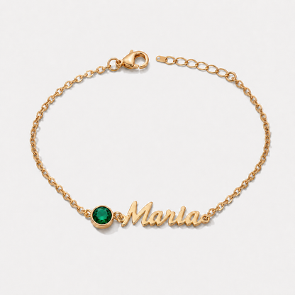 Pulseira Nome e Pedra de Nascimento dourada — Maio — Esmeralda, nome Maria