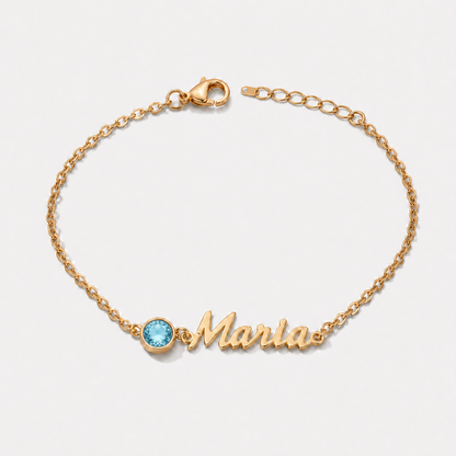 Pulseira Nome e Pedra de Nascimento dourada — Março — Água-marinha, nome Maria