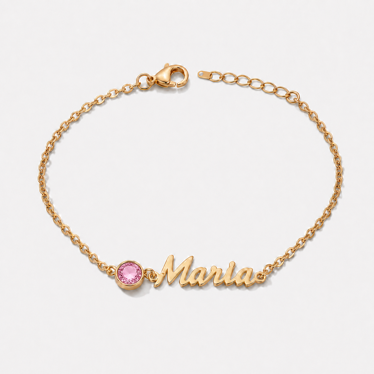 Pulseira Nome e Pedra de Nascimento dourada — Outubro — Turmalina Rosa, nome Maria