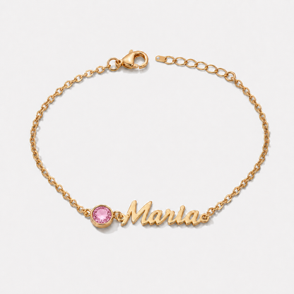 Pulseira Nome e Pedra de Nascimento dourada — Outubro — Turmalina Rosa, nome Maria