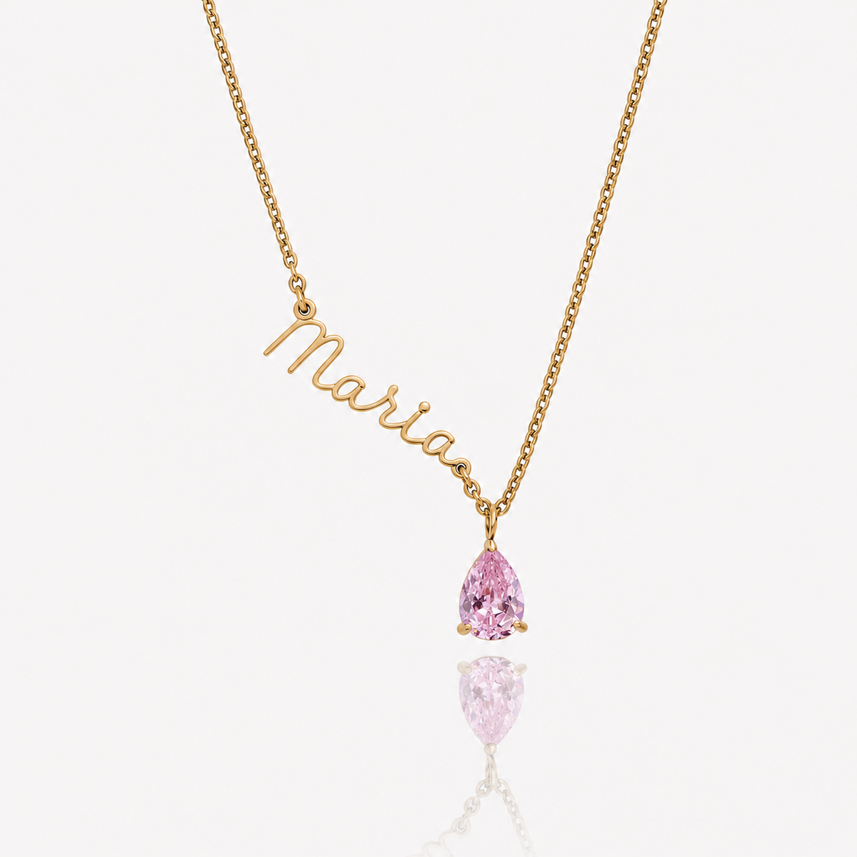 Colar Nome e Pedra de Nascimento dourado — Outubro — Turmalina Rosa