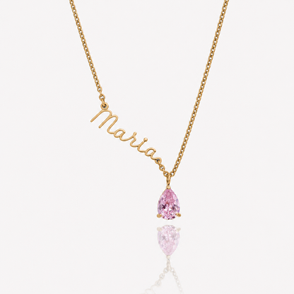 Colar Nome e Pedra de Nascimento dourado — Outubro — Turmalina Rosa