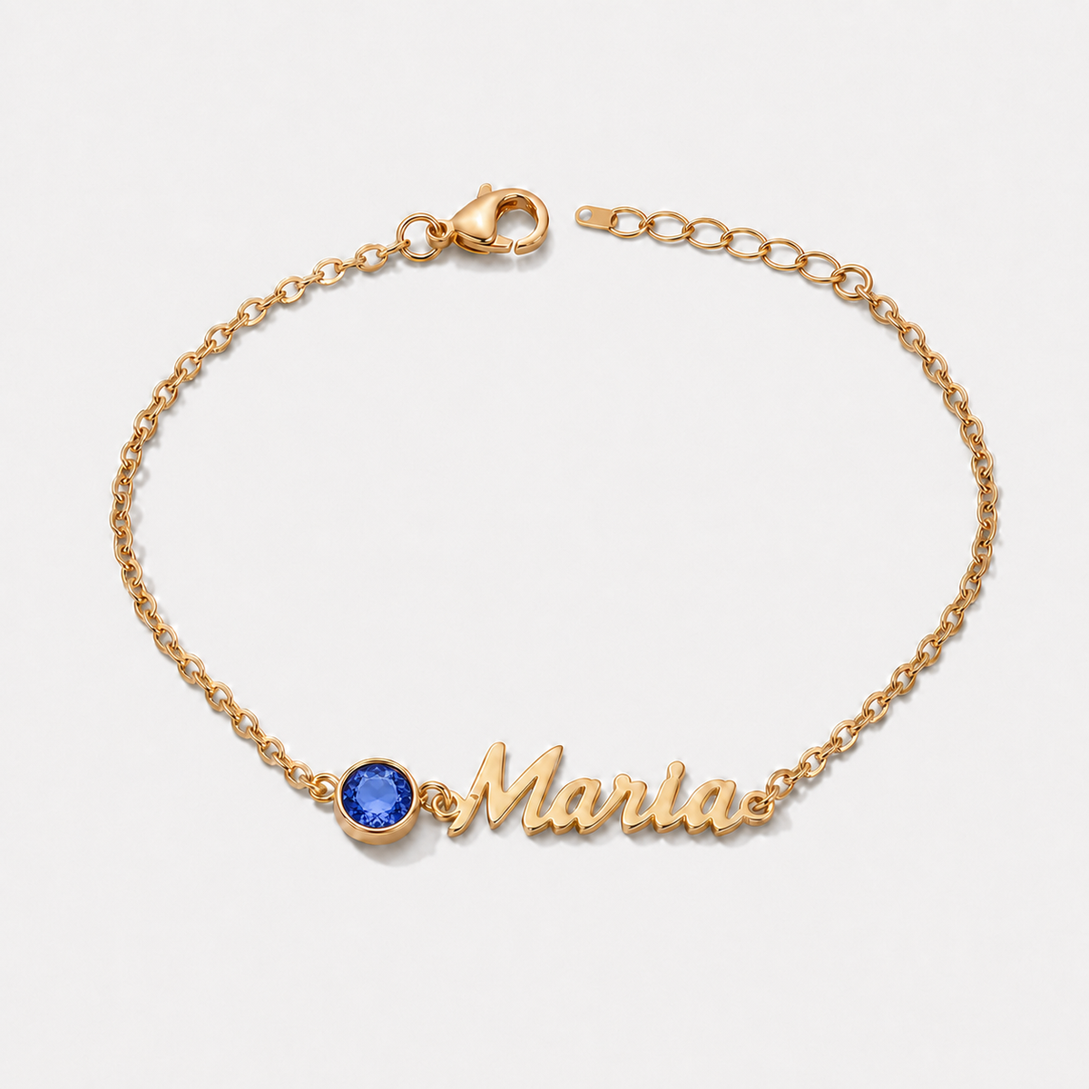 Pulseira Nome e Pedra de Nascimento dourada — Setembro — Safira, nome Maria
