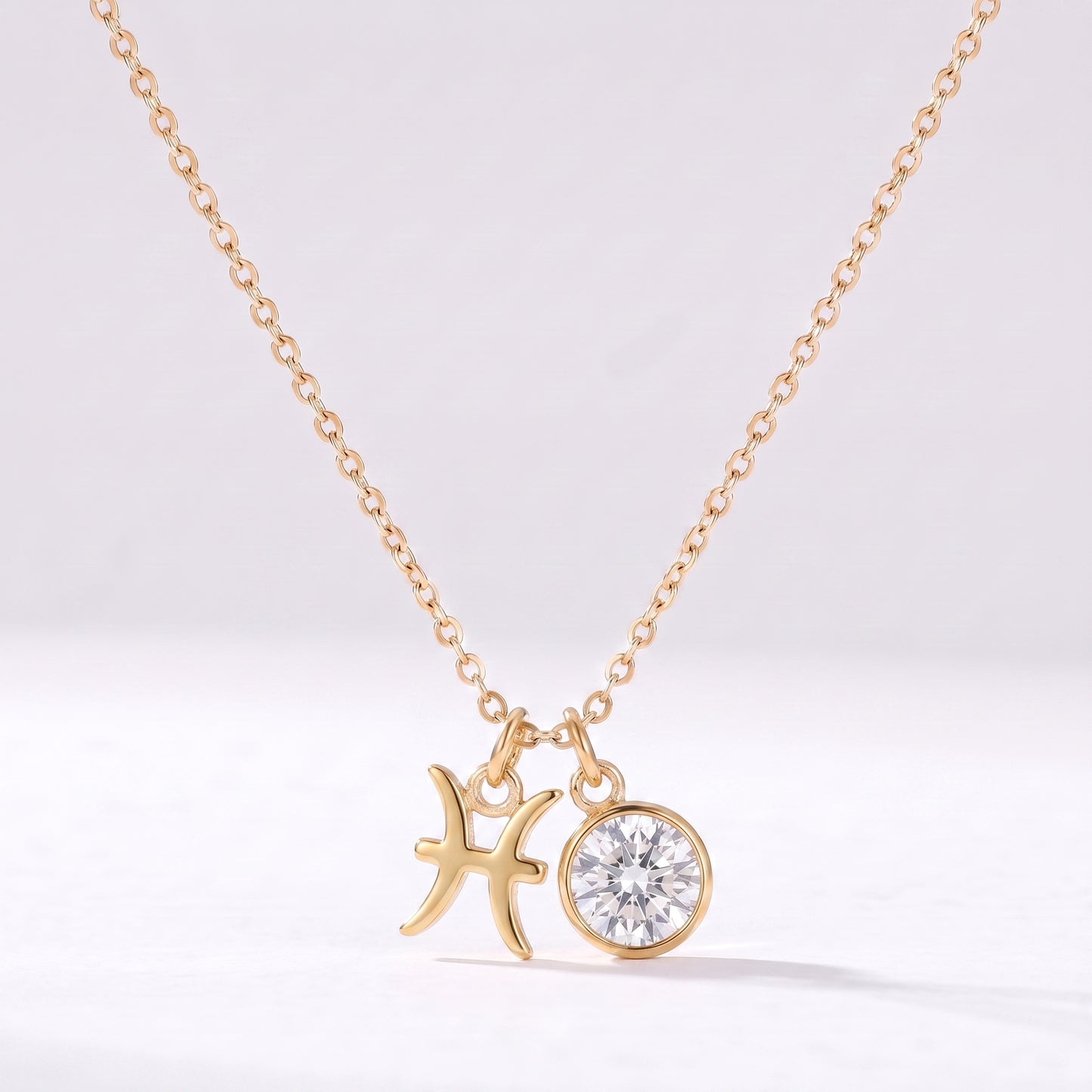 Colar signo do zodíaco Peixes dourado com pedra de nascimento Diamante