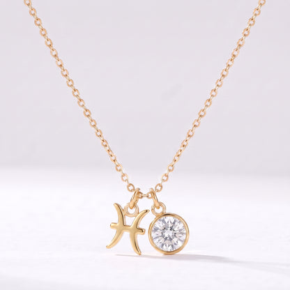 Colar signo do zodíaco Peixes dourado com pedra de nascimento Diamante