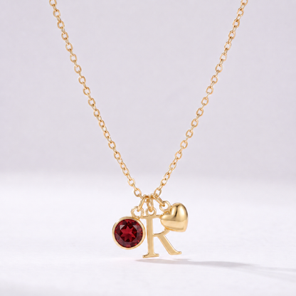 Colar letra R dourado com pedra de nascimento e coração
