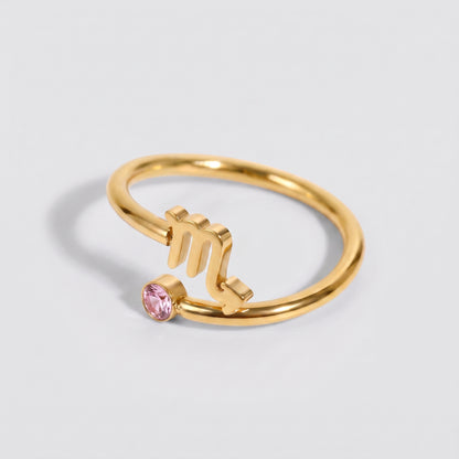 Anel signo do zodíaco Escorpião dourado com pedra Turmalina Rosa