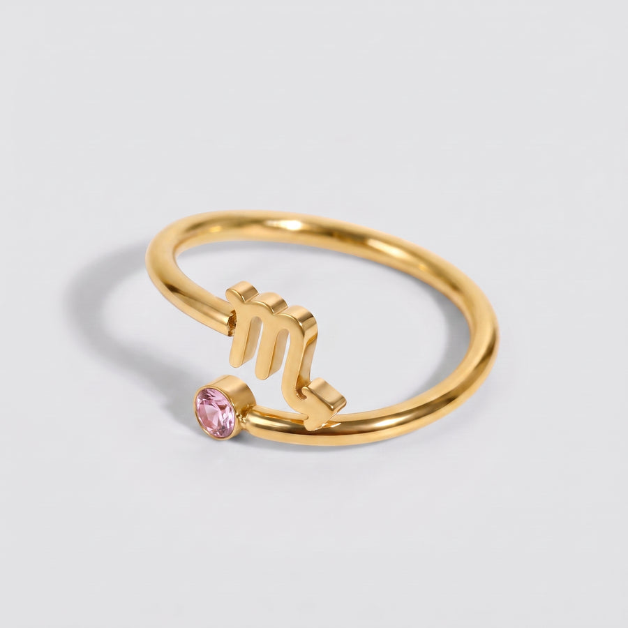 Anel signo do zodíaco Escorpião dourado com pedra Turmalina Rosa