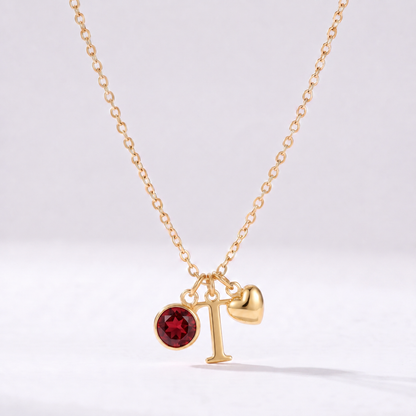 Colar letra T dourado com pedra de nascimento e coração