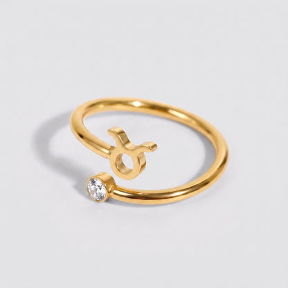 Anel signo do zodíaco Touro dourado com pedra Diamante